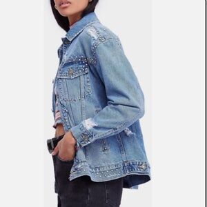 Free People Studded Denim Trucker Jacket Oversized Button Up